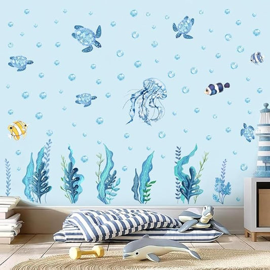 94 PCS of Marine Ecological Wall Decals,Under The Sea Bathroom Decor Wall Decals,Sea Turtles,Jellyfish,Clownfish, and Aquatic Plants Create an Underwater World Atmosphere,for Children's Rooms
