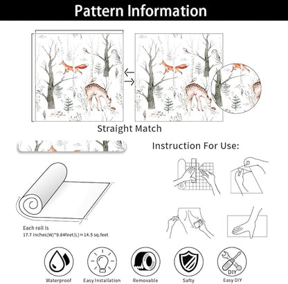 Forest Animals Peel & Stick Wallpaper - Self Adhesive Plants & Vintage Pattern - Removable Wallpaper for Bathroom - 17.71in X 118.1in