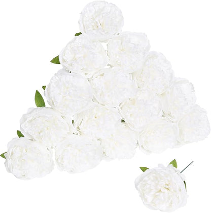 Peony Artificial Flowers 16pcs Fake Peonies Bulk White Silk Flowers Faux Peony Flowers Silk Peonies Heads with Stem Realistic Flowers for Home Wedding Party Festival Decor (Pure White)