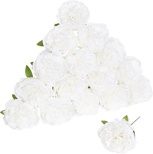 Peony Artificial Flowers 16pcs Fake Peonies Bulk White Silk Flowers Faux Peony Flowers Silk Peonies Heads with Stem Realistic Flowers for Home Wedding Party Festival Decor (Pure White)