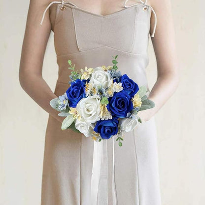 Rinlong 7“ Blue Wedding Bouquet for Bride Bridesmaid Artificial Toss Bouquet Royal Navy Blue Silk Bridal Bouquet Wedding Prom Bouquets