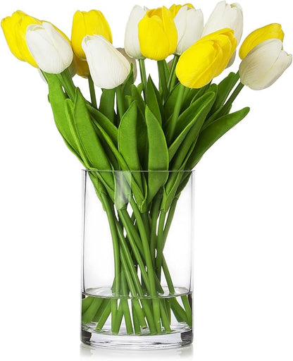 ENOVA FLORAL 20 Heads Real Touch Artificial Tulips Flowers in Vase, Mixed White and Yellow Tulips Fake Flowers with Vase and Faux Water for Home Wedding Decor, Dining Table (White Yellow)