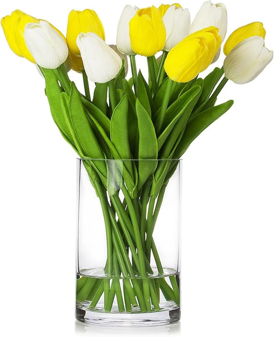 ENOVA FLORAL 20 Heads Real Touch Artificial Tulips Flowers in Vase, Mixed White and Yellow Tulips Fake Flowers with Vase and Faux Water for Home Wedding Decor, Dining Table (White Yellow)
