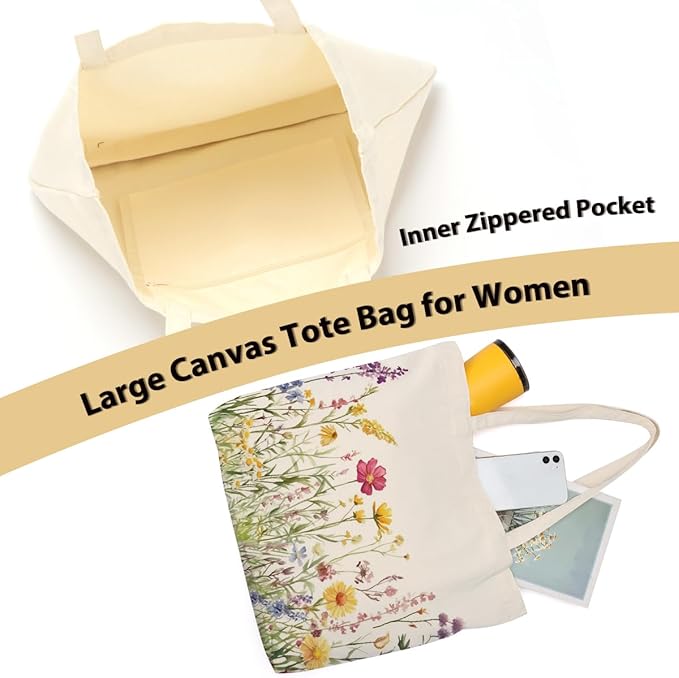 Aesthetic Floral Canvas Tote Bag for Women with Pocket, Tote Bags for Grocery Shopping Travel Christmas Birthday
