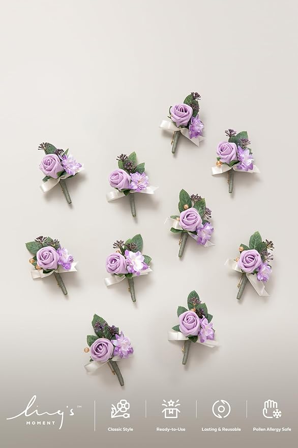 Ling's Moment Boutonniere for Men, 10pcs Groomsmen Guest Boutonniere, Artificial Flowers for Wedding Décor/Prom/Homecoming,etc.Purple Lilac