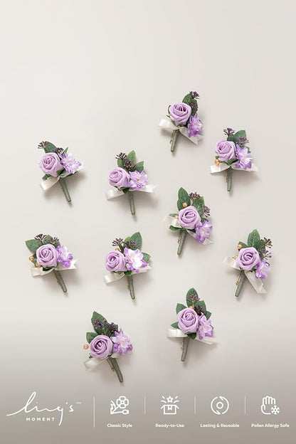 Ling's Moment Boutonniere for Men, 10pcs Groomsmen Guest Boutonniere, Artificial Flowers for Wedding Décor/Prom/Homecoming,etc.Purple Lilac