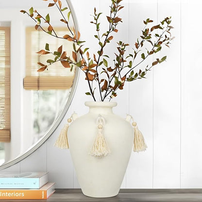 9.4" Large White Ceramic Vase for Centerpieces - Rustic Farmhouse Vase with 4 Ears & Tassels, Terracotta Vintage Flower Vases for Table, Desk, Living Room, Bedroom, Entryway, Holiday & Weddings Decor