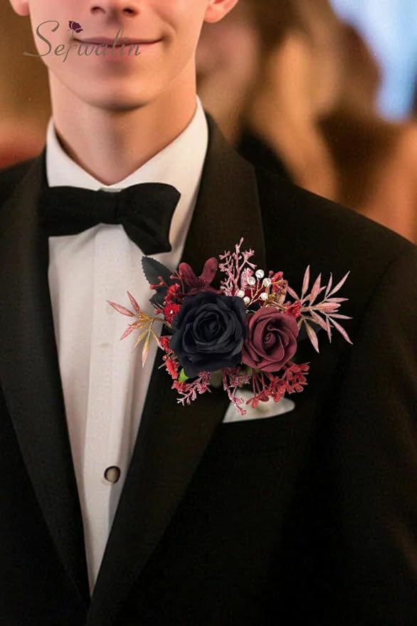 Serwalin Set of 2 Boutonniere for Men, 6-7inch Corsage Groom Groomsman Best Man Boutonnieres for Wedding Prom Ceremony Anniversary Party Cake Topper, Black Burgundy
