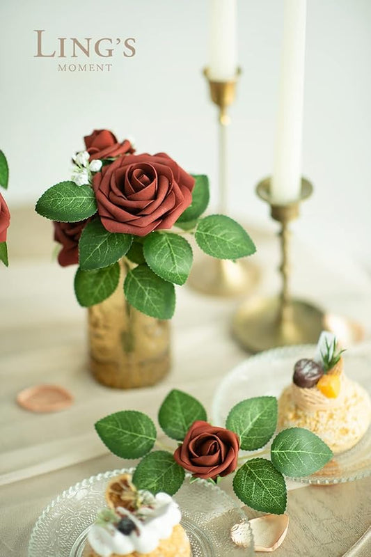 Ling's moment Fall Artificial Flowers 25Pcs Amber Roses Decor w/Stems,3" Real Touch DIY Foam Floral for Wedding Bouquet/Centerpieces, Outdoors Party Backdrop, Room/Table, and Garden/Pot Decorations