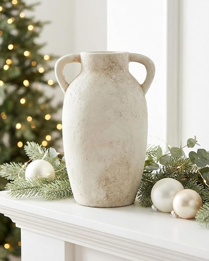 Ceramic Flower Vase Home Decor – 9.8 Inch Pottery Rustic Farmhouse Decorative Vase with Handles for Table Centerpiece, Shelf & Mantel, Beige