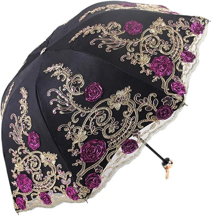 Katutude Vintage Lace Umbrella Floral Lace Parasol Wedding Bridal Umbrella Compact Lightweight Windproof Folding Umbrella UV Protection Sun Umbrella Portable Umbrella with Storage Bag