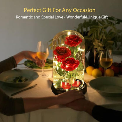Christmas Rose Gifts for Her,Beauty and The Beast Rose Flowers 40 LED Lights Rose in Glass Dome,Woman Gifts for Christmas,Christma Ornaments Artificial Flower Rose Gift Romantic Gifts for Women