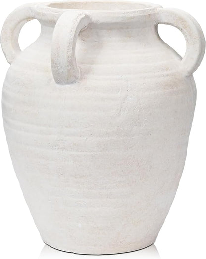 Handcrafted Flower Vase, 9.8" Tall Terracotta Vase, Vintage White Ceramic Vase, Rustic Antique Decor with 4 Handles, Wide Mouth, Matte Finish for Home Office Resto Café Décor