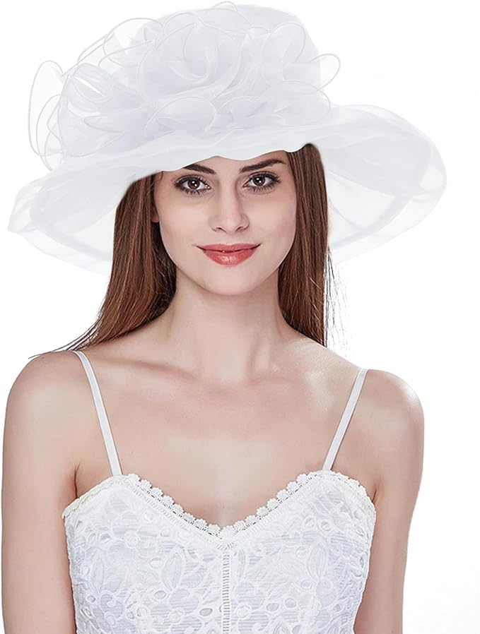 Organza Derby Hats for Women Wide Brim Fascinator Hat Rose Flower Wedding Tea Party Hat