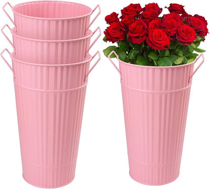 4 PCS 12 Inch Pink Galvanized Flower Buckets, Metal Flower Vase, Rustic Tall Flower Bucket with Handles for Wedding, Home Décor