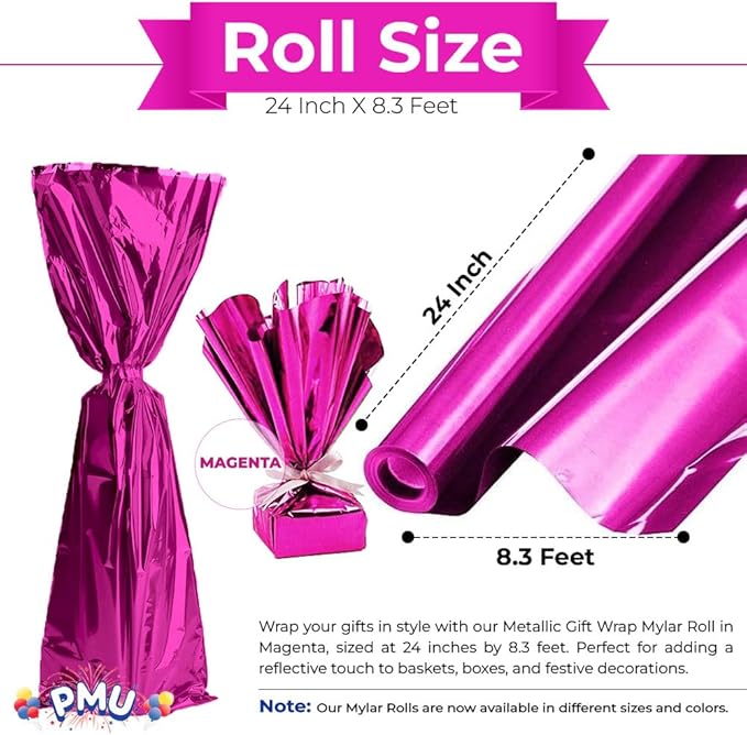 PMU (2 Gift Wrap Mylar Roll Metallic Magenta 2-sided, 24 Inches X 8.3 Ft Roll 1.4 Mil Highly Reflective Mylar Film, Great for Gifts, Birthdays, Christmas, Baskets, Arts & Crafts