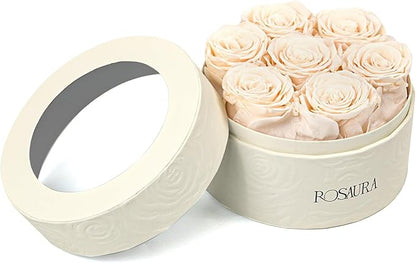 Rosaura Round Preserved Roses Gift Box - Real Forever Flowers for Birthday, Valentine's & Mother's Day (Champagne, 7 Roses)