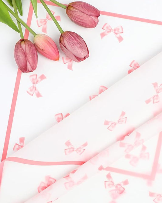 Liobelon 20 Sheets Flower Wrapping Paper Waterproof Bouquet Paper Bow Pattern Pink Gift Wrapping Paper for Flower Shop, Wedding, Birthday Party, Handmade DIY, Anniversary 22.8 x 22.8Inch