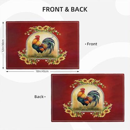 Rooster Sunflower Placemats Set of 4, Farmhouse Country Farm Chicken Animal Red Double-Sided Table Mats for Kitchen Dining Room Home Party Indoor Decor 4 PCS 12x18 Inch