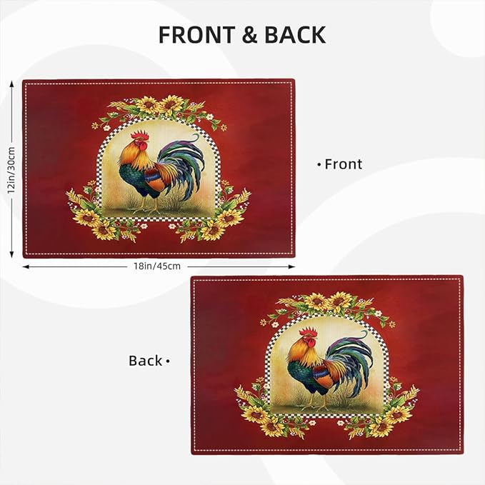 Rooster Sunflower Placemats Set of 6, Farmhouse Country Farm Chicken Animal Red Double-Sided Table Mats for Kitchen Dining Room Home Party Indoor Decor 6 PCS 12x18 Inch