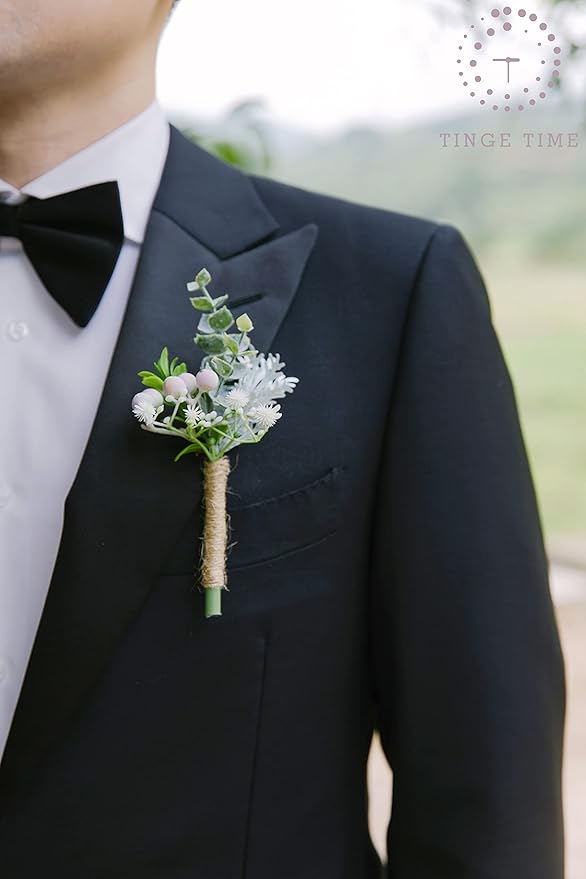 TINGE TIME Boutonniere for Men Wedding,Artificial Greenery Boutineers for Wedding Ceremony Anniversary, Formal Dinner Party and Rustic Spring Wedding Marriage (10, Fresh Green)