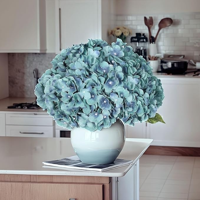 2Bouquets Artificial Fake Flowers Plants Silk Hydrangea Arrangements Wedding Bouquets Decorations Plastic Floral Home Kitchen Garden Party Festival Bar DIY (Acid Blue,5Flower Heads)