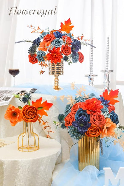 Floweroyal Artificial Flowers Combo Orange Flowers Mix Silk Flowers Dahlia Roses with Stems for DIY Wedding Bridal Bouquets, Baby Shower, Floral Arrangement, Table Centerpieces, Home Decorations.