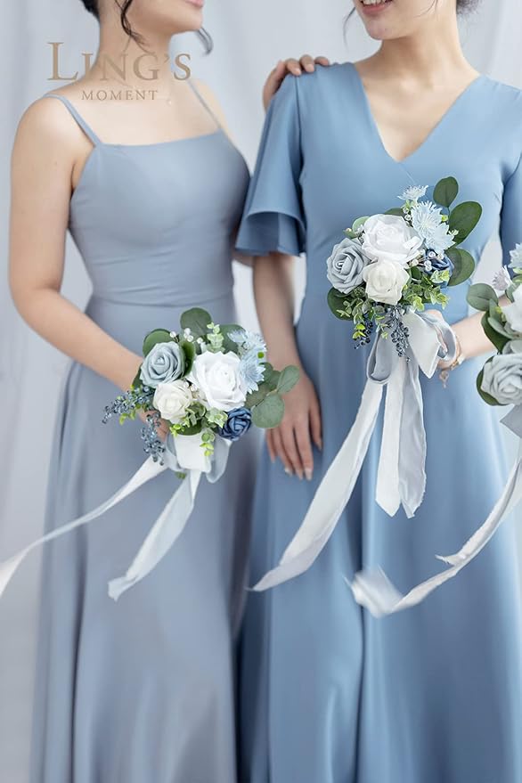 Ling's moment Artificial Flowers Dusty Blue Bridesmaid Bouquet Set of 6, Blue & White Wedding Flowers Bouquets for Bridesmaids, 7 Inch Bridal Bouquets for Bridesmaids