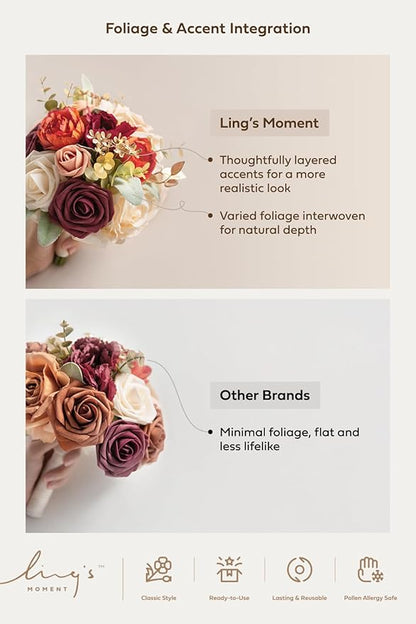 Ling's moment Artificial Flowers Burnt Orange Bridesmaid Bouquet Set of 4, Wedding Flowers Bouquets for Bridesmaids, 7 Inch Bridal Bouquets for Bridesmaids, Wedding, etc