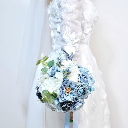 Dusty Blue Wedding Bouquets for Bride Bridesmaid,White Navy Blue Artificial Fake Silk Roses Flowers Bridal Bouquets for Wedding Boho Rustic French Vintage Church Decoration Toss Bouquet (8.6in(M))