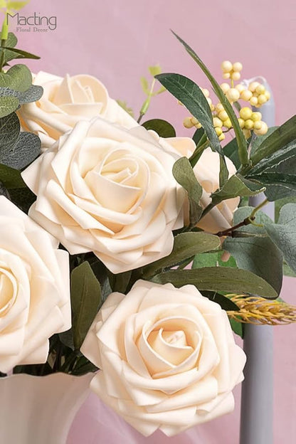 MACTING 60PCS Artificial Rose Flowers Real Touch Fake Flowers with Stem Foam Roses for DIY Weedding Bouquet Table Centerpieces Party Baby Shower Home Spring Mothers Day Decorations(Cream)