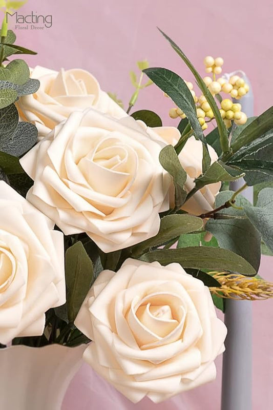 MACTING 60PCS Artificial Rose Flowers Real Touch Fake Flowers with Stem Foam Roses for DIY Weedding Bouquet Table Centerpieces Party Baby Shower Home Spring Mothers Day Decorations(Cream)