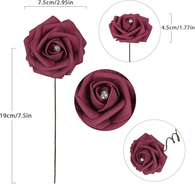 Burgundy Roses with Crystal 50PCS Artificial Rose Flowers with Stems 2.95" Burgundy Flowers Artificial Foam Roses for Bridal Shower Wedding Bouquets Centerpiece Home Table Decor