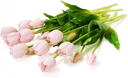 15Pcs Fake Tulips Artificial Flowers Real Touch Latex Bouquet Faux Tulips for Centerpiece Arrangements Wedding Party Home Décor (Light Pink)
