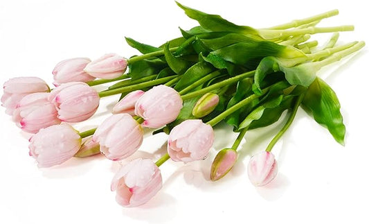 15Pcs Fake Tulips Artificial Flowers Real Touch Latex Bouquet Faux Tulips for Centerpiece Arrangements Wedding Party Home Décor (Light Pink)
