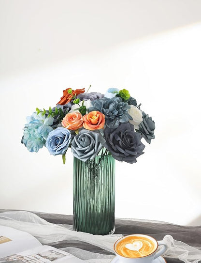 Dusty Blue White Orange Artificial Flowers Combo for DIY Centerpieces Arrangements Wedding Bridal Bouquet Table Chair Decor Candle Holder Baby Shower Cake Decor Flower Strips Home Décor