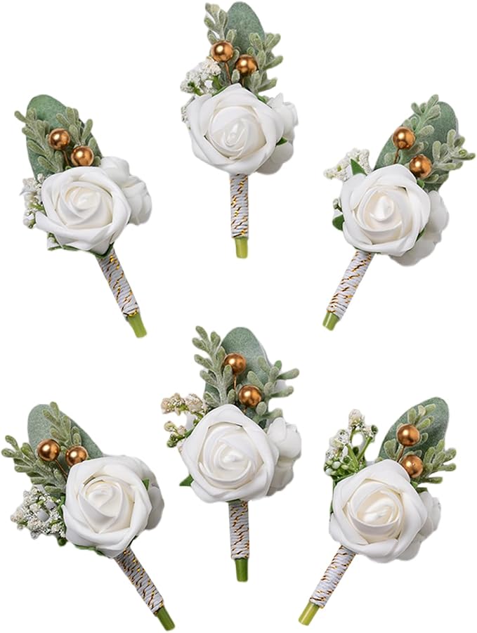 Meldel White Boutonniere for Men Wedding,Set of 6,Groom and Groomsman Boutonniere for Wedding,Greenery Rose Corsage for Men Ceremony Anniversary Party Prom Homecoming
