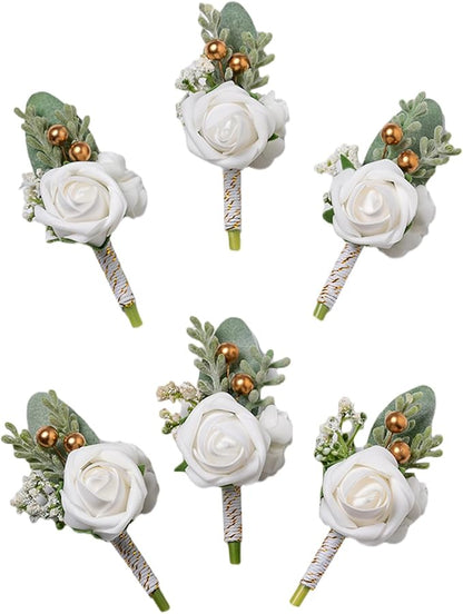 Meldel White Boutonniere for Men Wedding,Set of 6,Groom and Groomsman Boutonniere for Wedding,Greenery Rose Corsage for Men Ceremony Anniversary Party Prom Homecoming