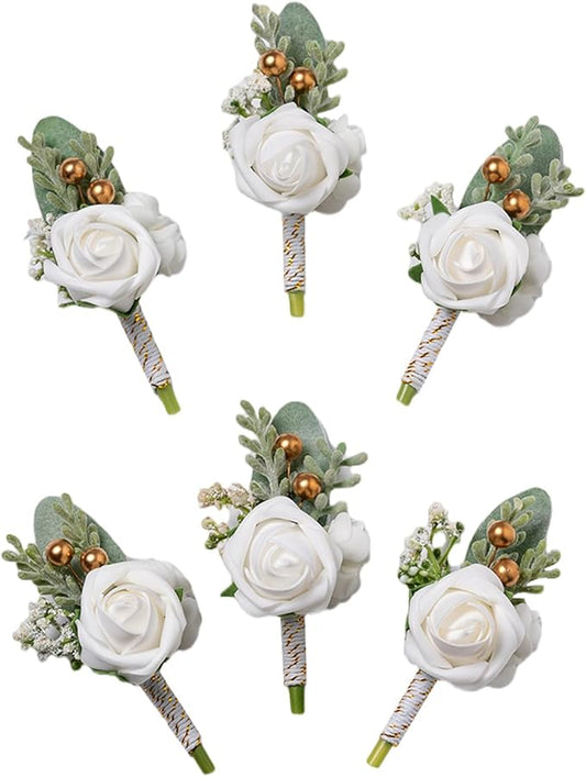 Meldel White Boutonniere for Men Wedding,Set of 6,Groom and Groomsman Boutonniere for Wedding,Greenery Rose Corsage for Men Ceremony Anniversary Party Prom Homecoming