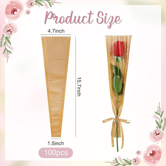 BEISHIDA 100 Pcs Single Rose Sleeve Bouquet Bags Kraft Paper Flower Bouquet Wrapping Paper Clear Single Flower Sleeve Rose Packaging For Mother's Day,Graduation,Wedding,Valentine's Day(15.7 X 4.7)