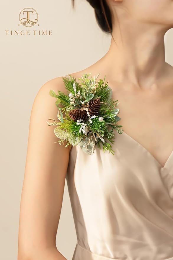 TINGE TIME Corsage and Boutonniere Set, Prom Flower Wrist Corsage Wristlet, Boutonniere for Men Wedding Flowers Accessories Prom Suit Decorations (White Ivory Greenery)