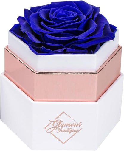 GLAMOUR BOUTIQUE Eternal Preserved Roses in a Box - Flowers Forever, Rose Forever in a Box for Wife, Birthday Gifts for Her, Single Rose, Blue