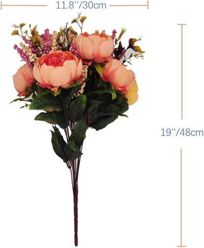 1pcs Artificial Peony Bouquet,19 Inch Silk Peony Bunch with 7 Faux Flowers,Classical Style Artificial Flowers with Leaves and Ornaments for Wedding,Home Décor Centerpieces(Orange)