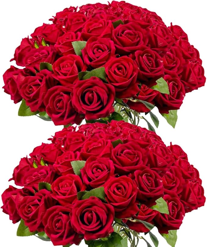 Jasion 50PCS Artificial Roses 4.14'' Realistic Velvet Large Flowers Long Stem Faux Flowers Bouquet for Wedding Home Party Table Centerpieces Decorations (Red)