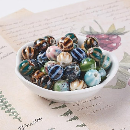 Beadthoven 100pcs Round Ceramic Beads 10mm Chunky Porcelain Beads for Jewelry Making Colorful Printed Vintage Handmade Chinese Ceramic Spacers Boho Jewelry Supplies for Bracelets Necklace Keychain DIY