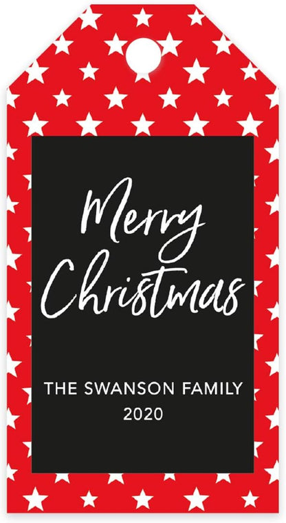 Andaz Press Personalized Christmas Holiday Season Classic Gift Tags, Merry Christmas Custom Family Name and Year, Red with White Stars Design, for Holiday Events, Parties, and Favors, 60-Pack