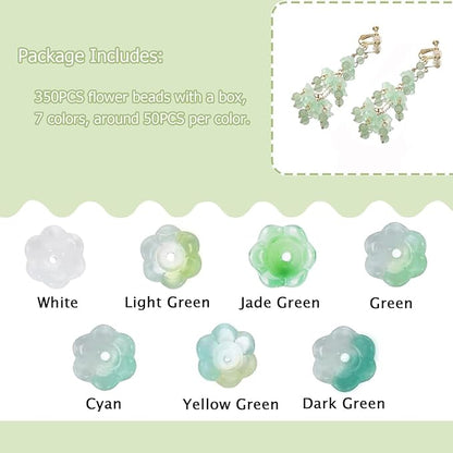 LadayPoa 350pcs Glass Bellflower Beads for Jewelry Making Trumpet Flower Beads Gradient Clear Cute Bead for Bracelets Making Aesthetic Bead Charms for DIY Necklace Decoration-Green Series