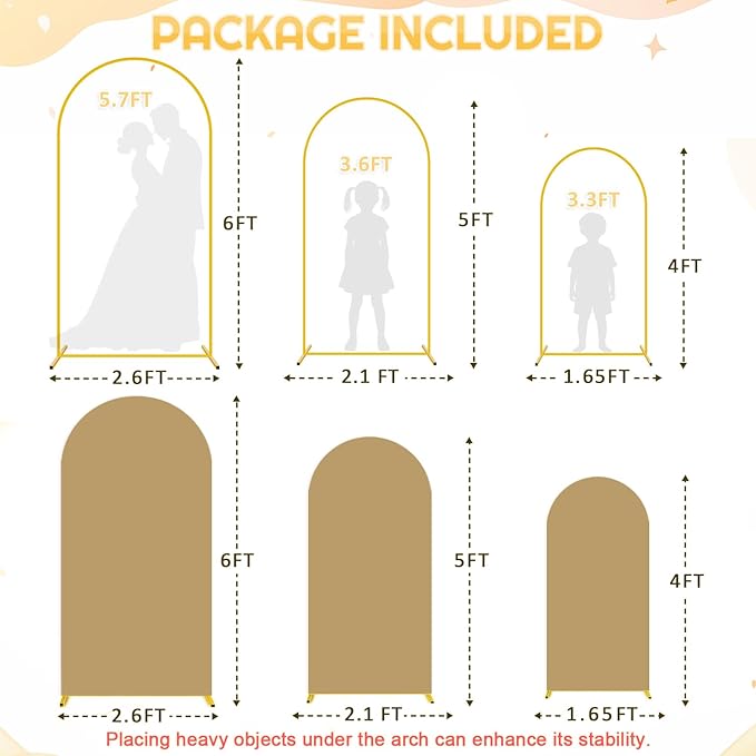 Metal Backdrop Arch Stand Set of 3 with Brown Spandex Arch Covers Stretchy Backdrop 6FT, 5FT, 4FT Stable Balloon Arch Frame Stand Backdrops and Arch Stands Cover for Wedding Ceremony Grad Party Decor