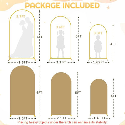 Metal Backdrop Arch Stand Set of 3 with Brown Spandex Arch Covers Stretchy Backdrop 6FT, 5FT, 4FT Stable Balloon Arch Frame Stand Backdrops and Arch Stands Cover for Wedding Ceremony Grad Party Decor