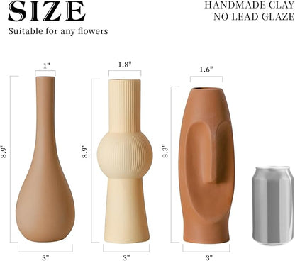 Ceramic Flower Vase Set of 3, Home Decor Vases for Centerpieces, Tulips Flowers Pampas Grass Decor, Boho Rustic Farmhouse Kitchen Bedroom Bathroom Living Room Office Wall Decor Aesthetic -Beige